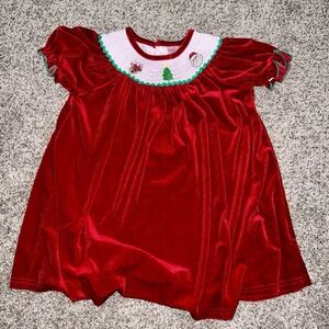 Christmas Santa Girls Smocked Embroidered Red Velvet Dress Rudolph Tree 5T